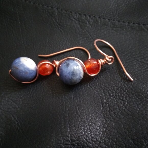 Denim Days Earrings: Sodalite, Fiery Agate & Copper Wire Wrap @ OOAK Fall Combo - Picture 5 of 11